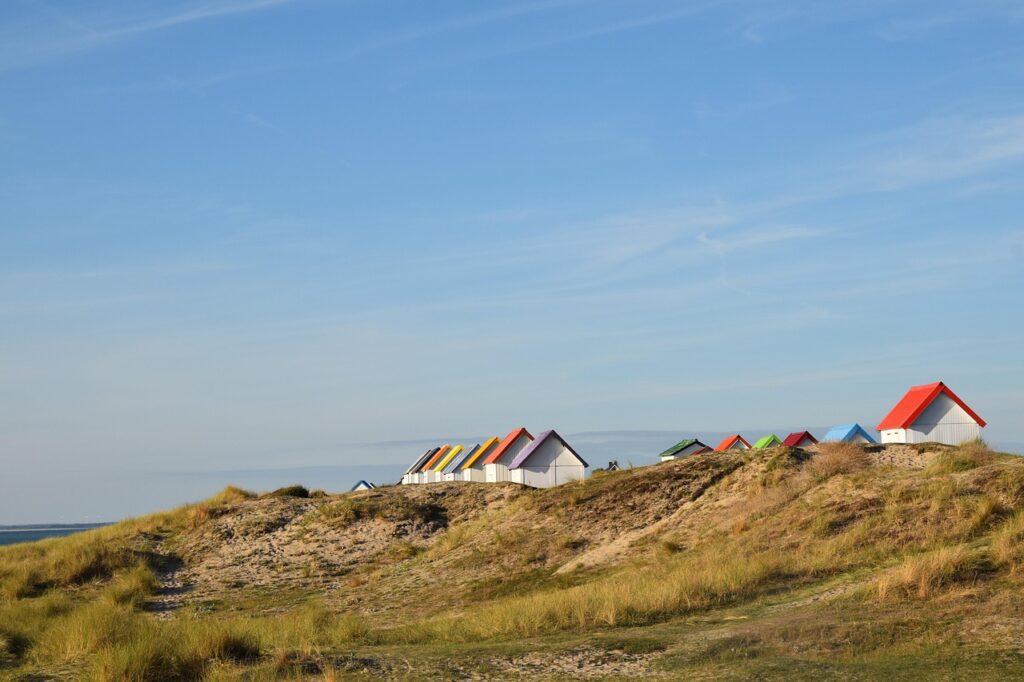 cabins, gouville-sur-mer, normandy, nature, france, sea, beach, beach huts, dunes